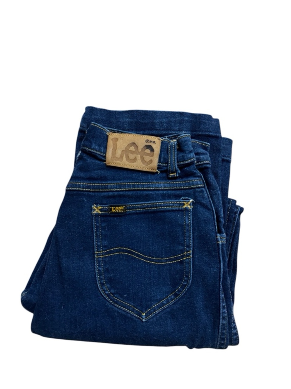 Vintage Lee Jeans Yellow Stitching dk blue denim Wash sz 14 check measurements